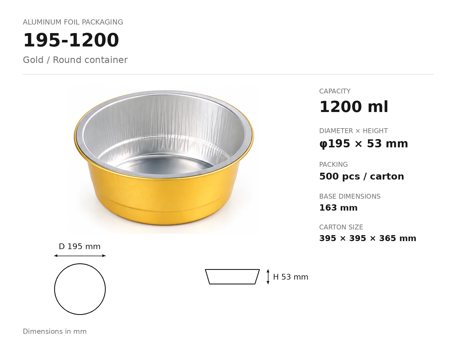 Gold Aluminum Foil Round Container 195-1200 (1200 ml) dimensions and packing