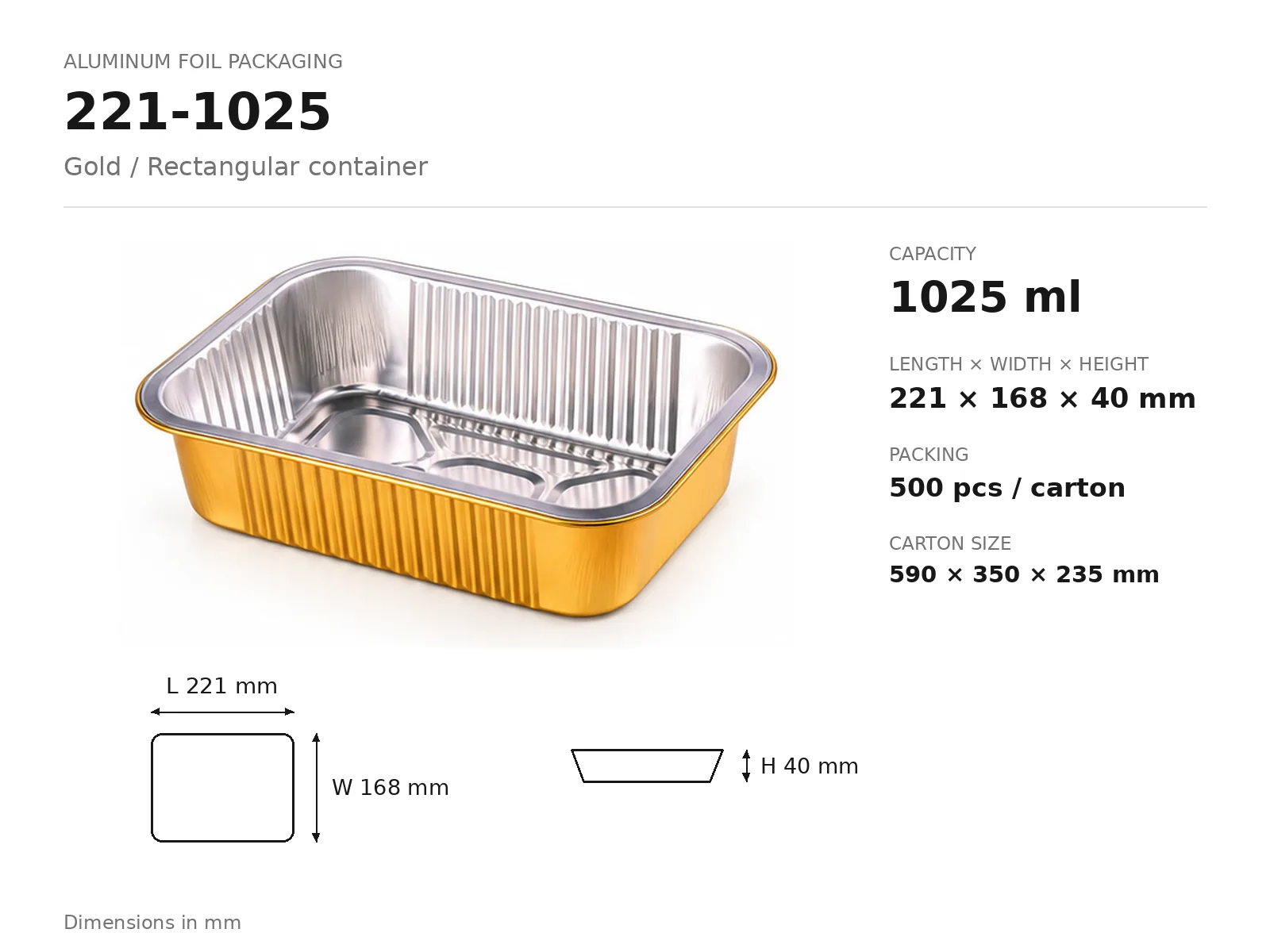 Gold Aluminum Foil Rectangular Container 221-1025 (1025 ml) dimensions and packing