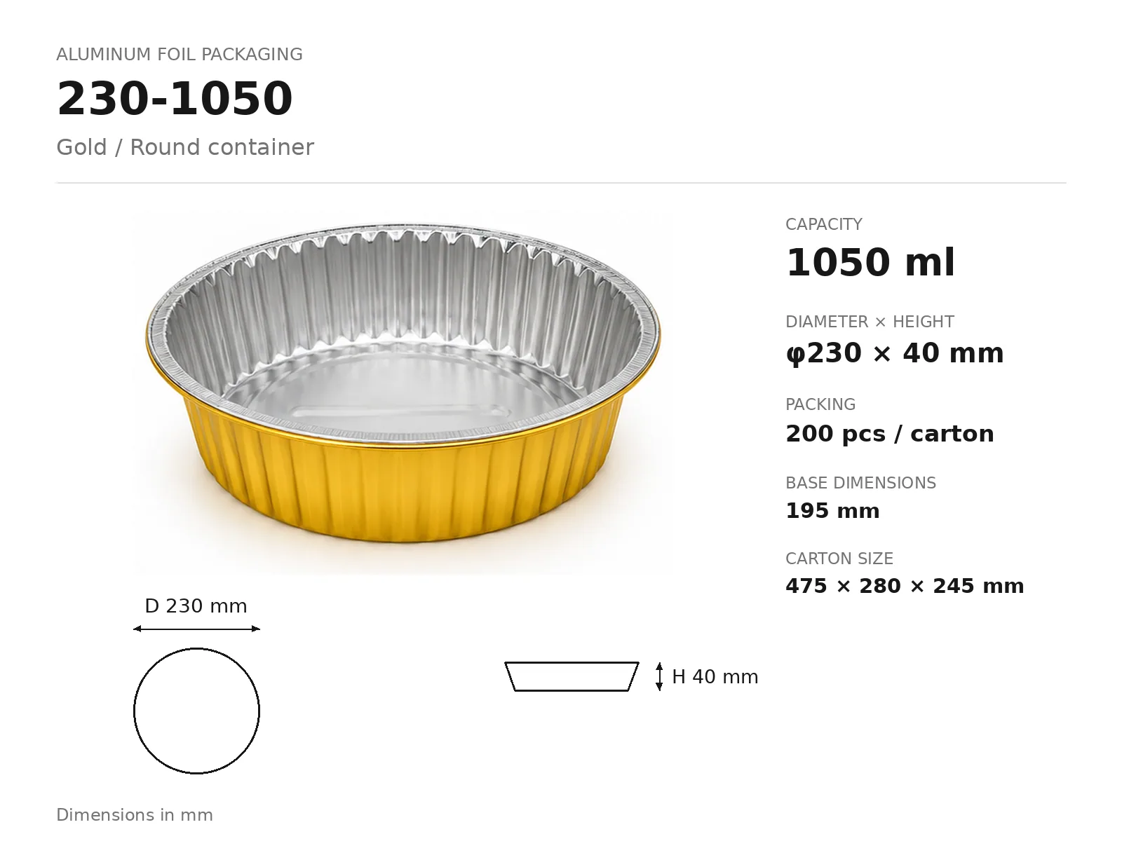 Gold Aluminum Foil Round Container 230-1050 (1050 ml) dimensions and packing