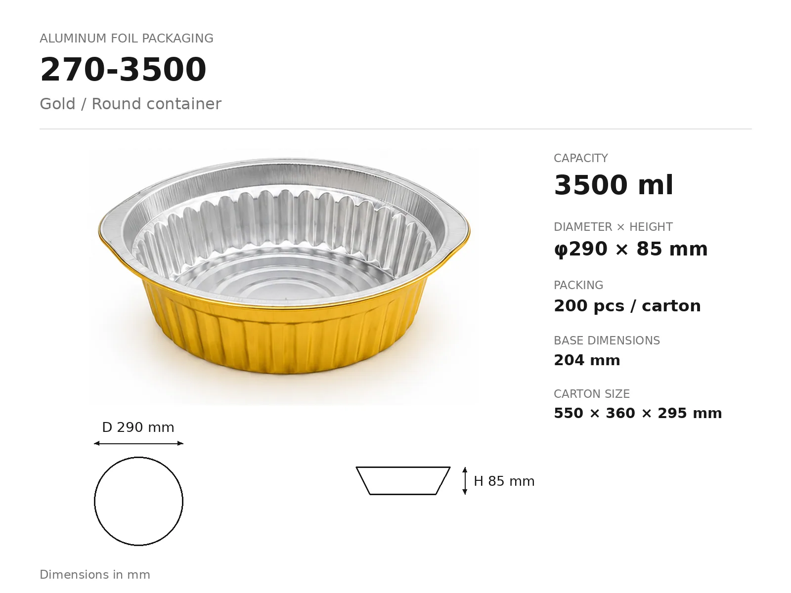 Gold Aluminum Foil Round Container 270-3500 (3500 ml) dimensions and packing