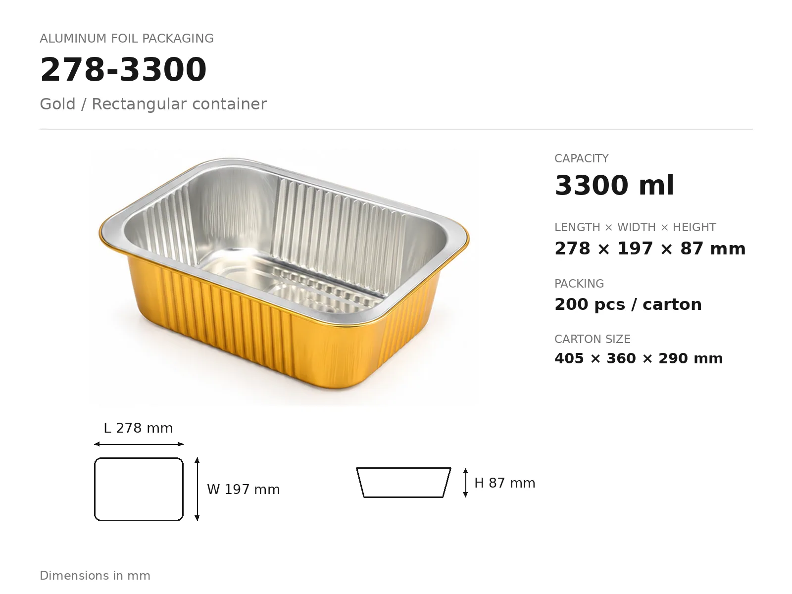 Gold Aluminum Foil Rectangular Container 278-3300 (3300 ml) dimensions and packing