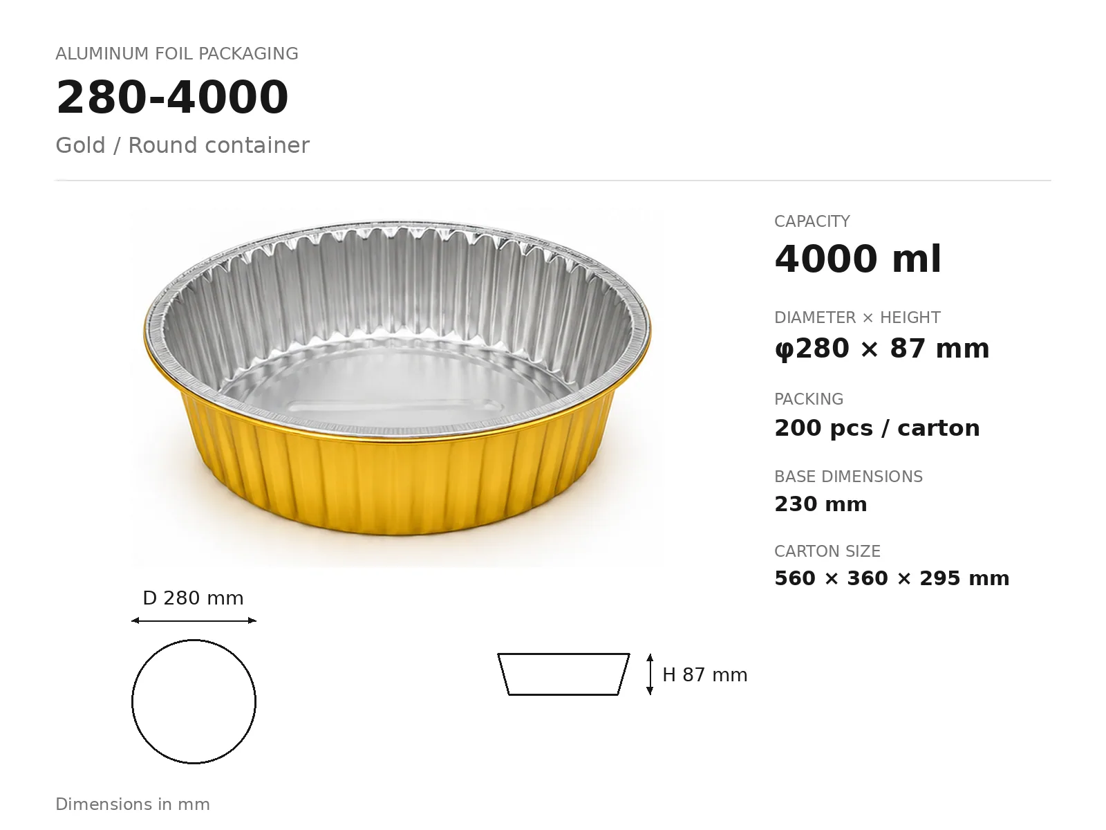 Gold Aluminum Foil Round Container 280-4000 (4000 ml) dimensions and packing