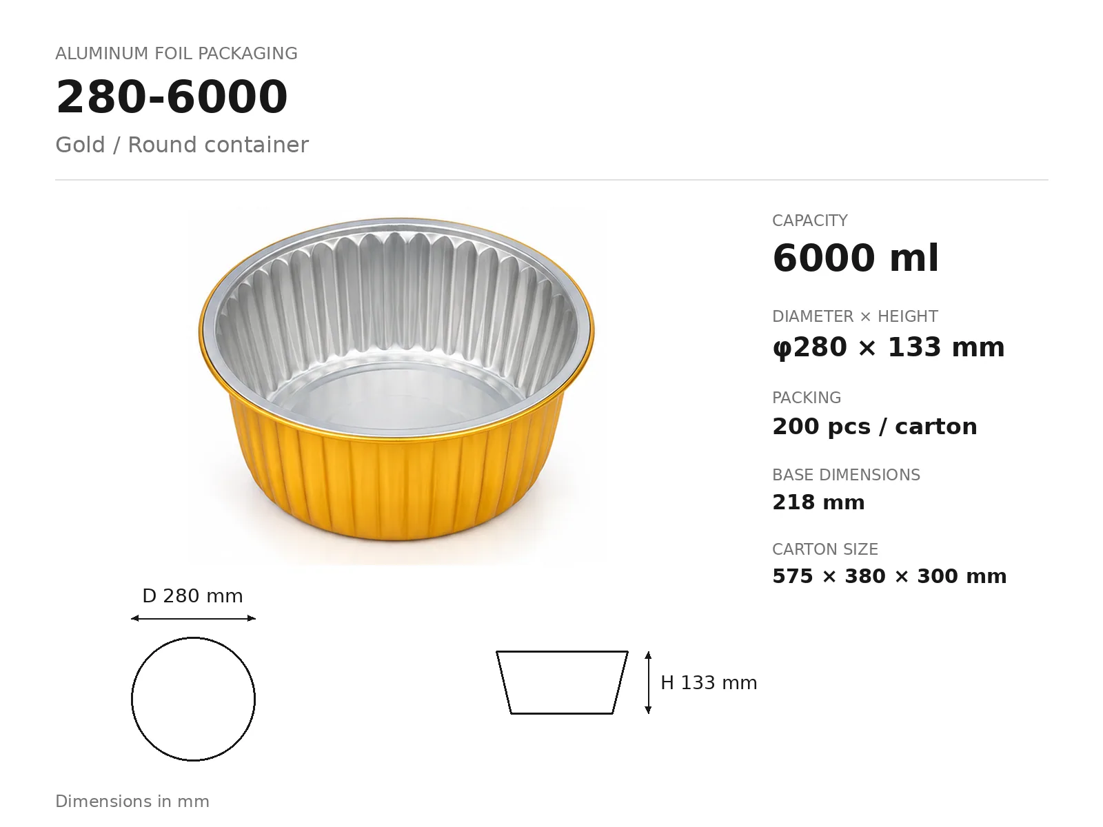 Gold Aluminum Foil Round Container 280-6000 (6000 ml) dimensions and packing