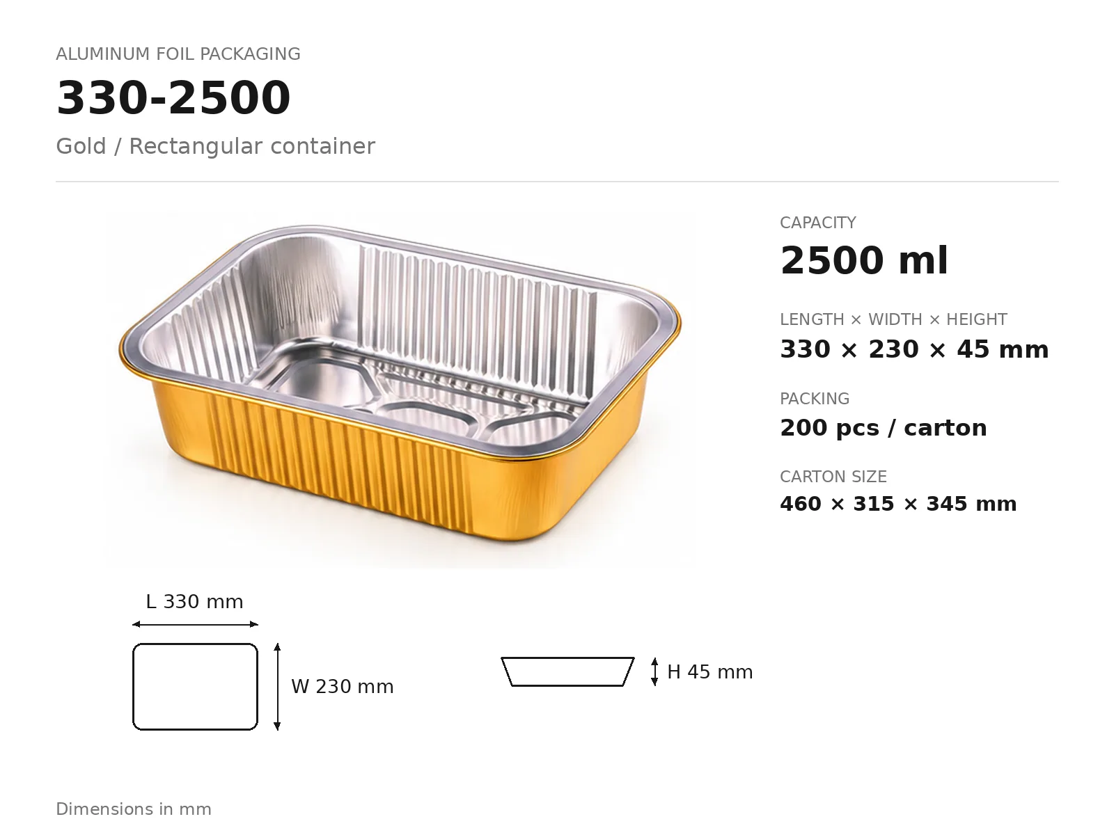 Gold Aluminum Foil Rectangular Container 330-2500 (2500 ml) dimensions and packing