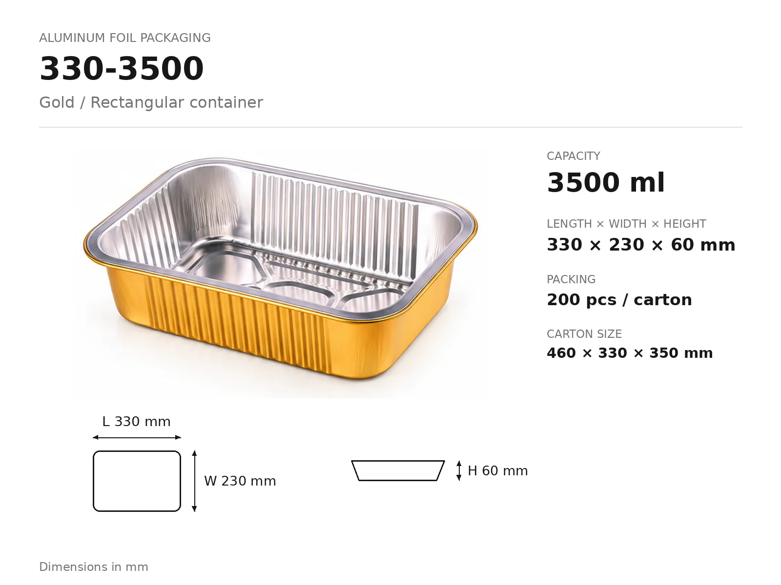 Gold Aluminum Foil Rectangular Container 330-3500 (3500 ml) dimensions and packing