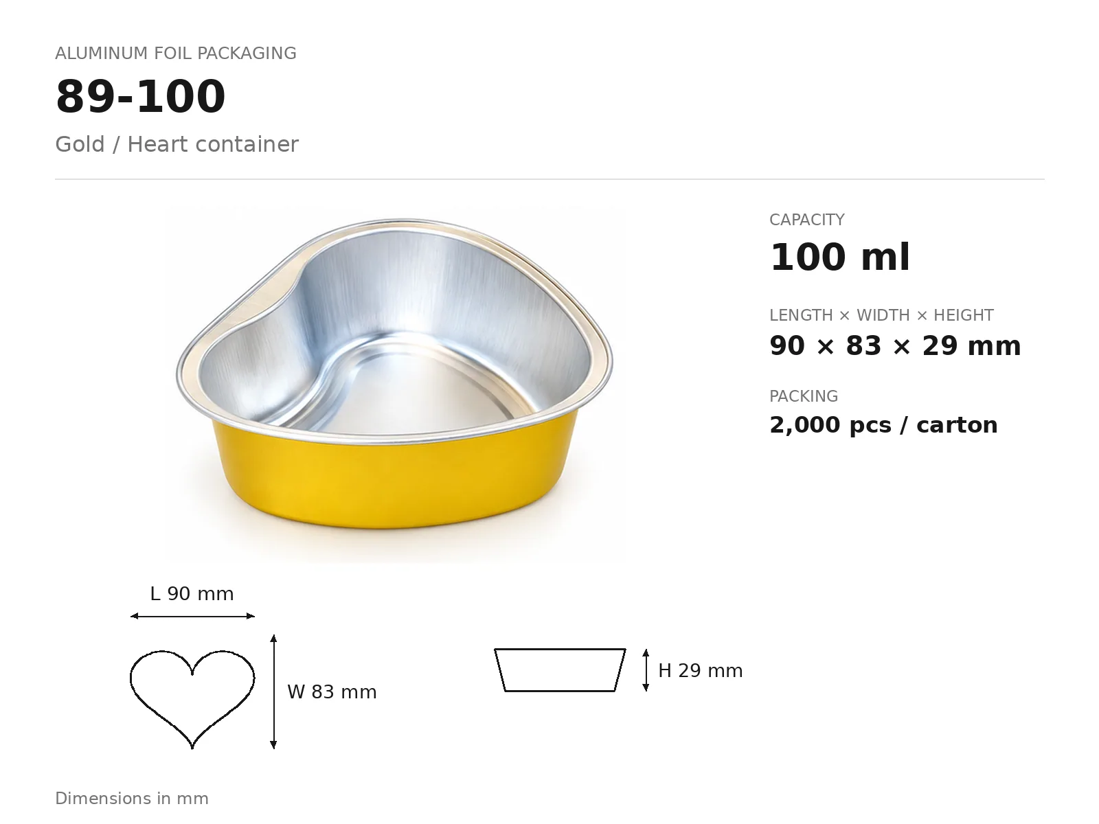 Gold Aluminum Foil Heart Container 89-100 (100 ml) dimensions and packing