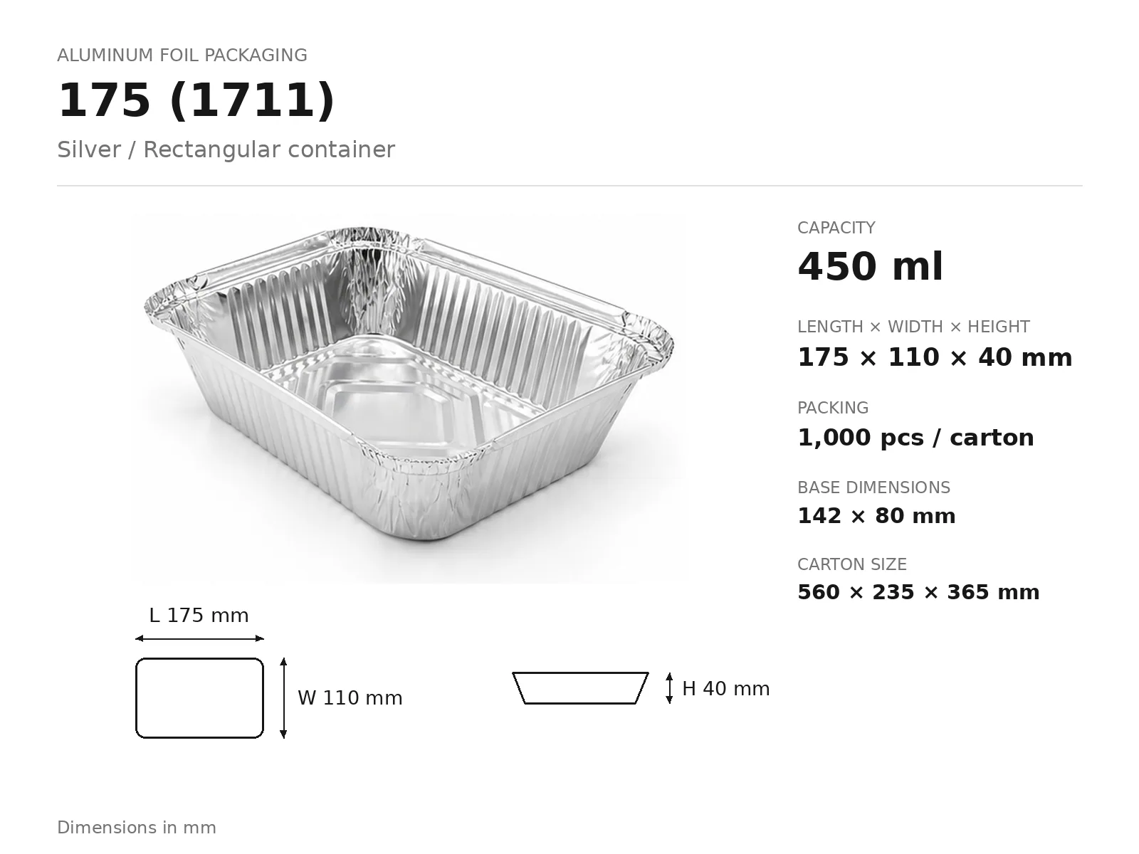 Silver Aluminum Foil Rectangular Container 175 (1711) (450 ml) dimensions and packing