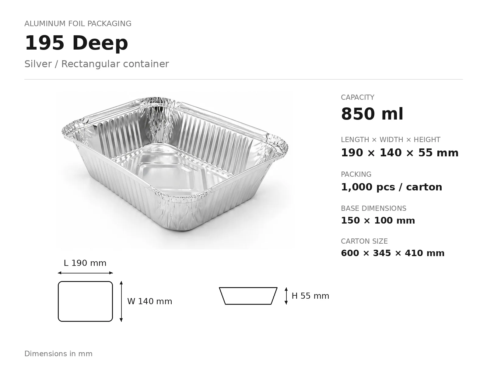 Silver Aluminum Foil Rectangular Container 195 Deep (850 ml) dimensions and packing