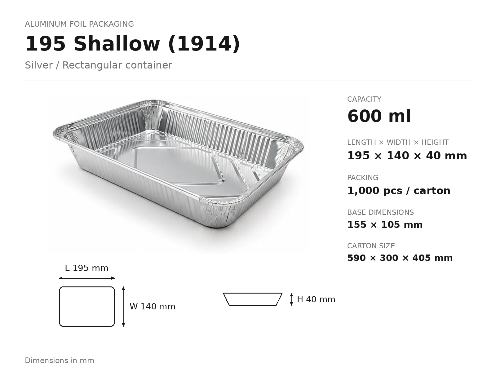 Silver Aluminum Foil Rectangular Container 195 Shallow (1914) (600 ml) dimensions and packing