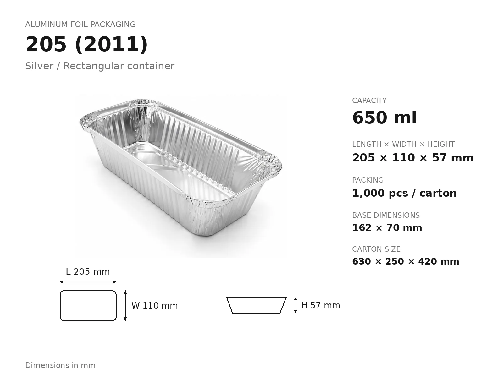 Silver Aluminum Foil Rectangular Container 205 (2011) (650 ml) dimensions and packing