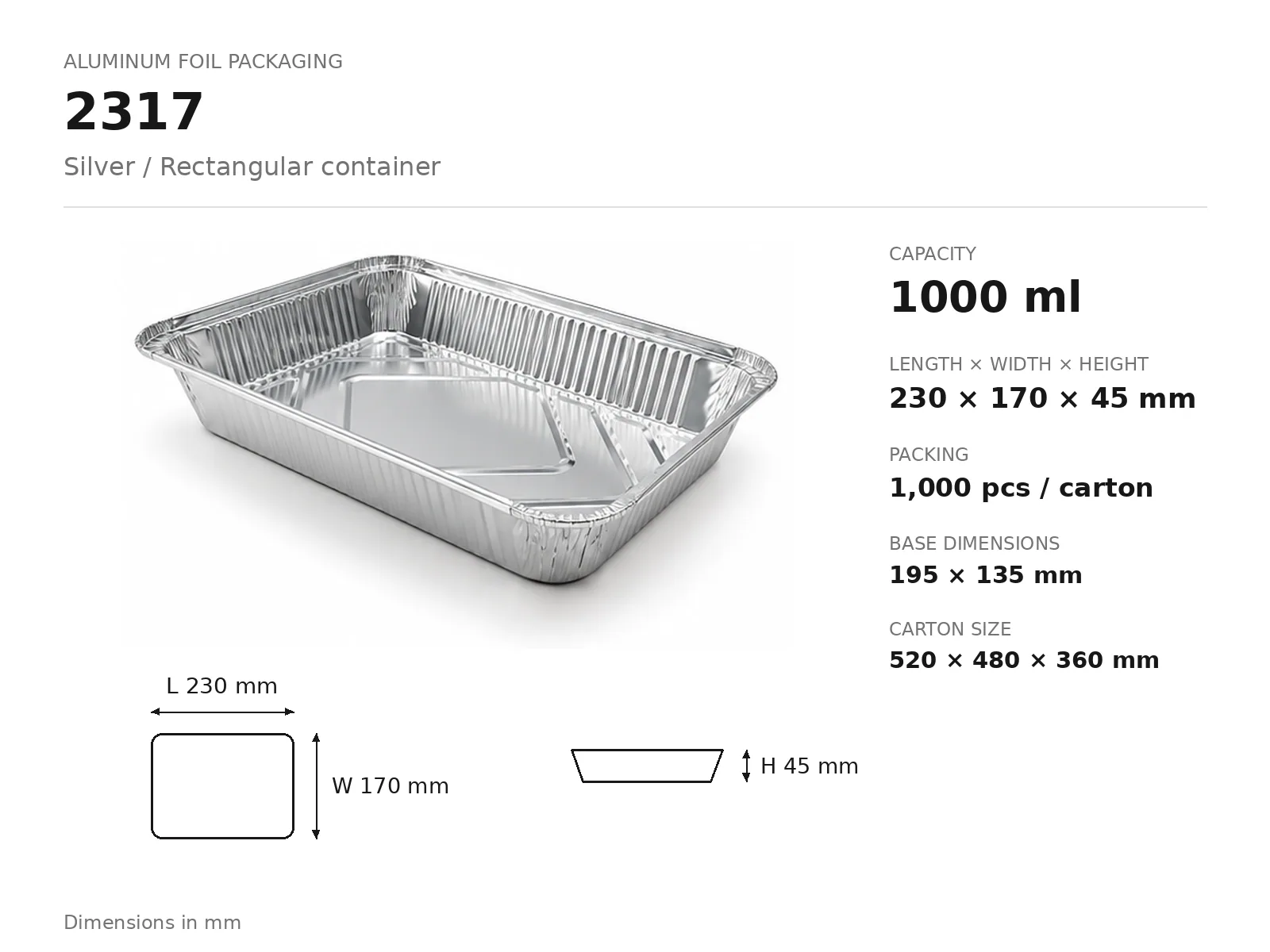 Silver Aluminum Foil Rectangular Container 2317 (1000 ml) dimensions and packing
