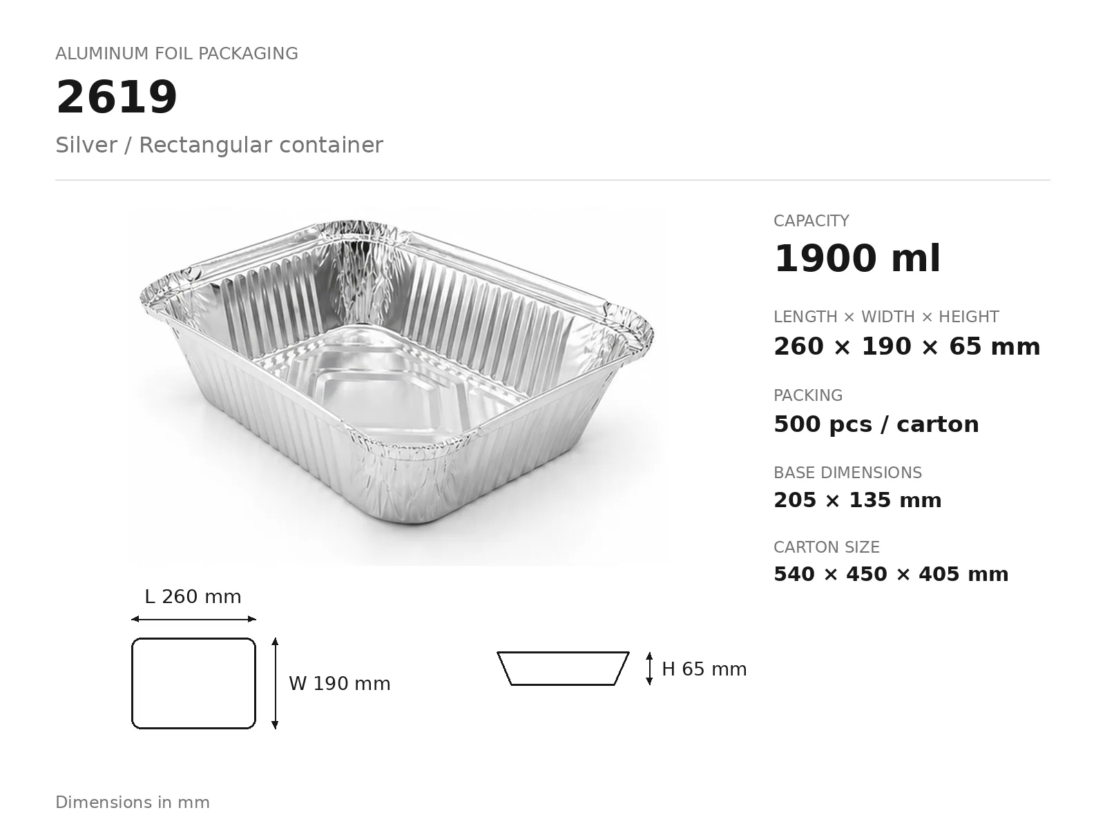 Silver Aluminum Foil Rectangular Container 2619 (1900 ml) dimensions and packing