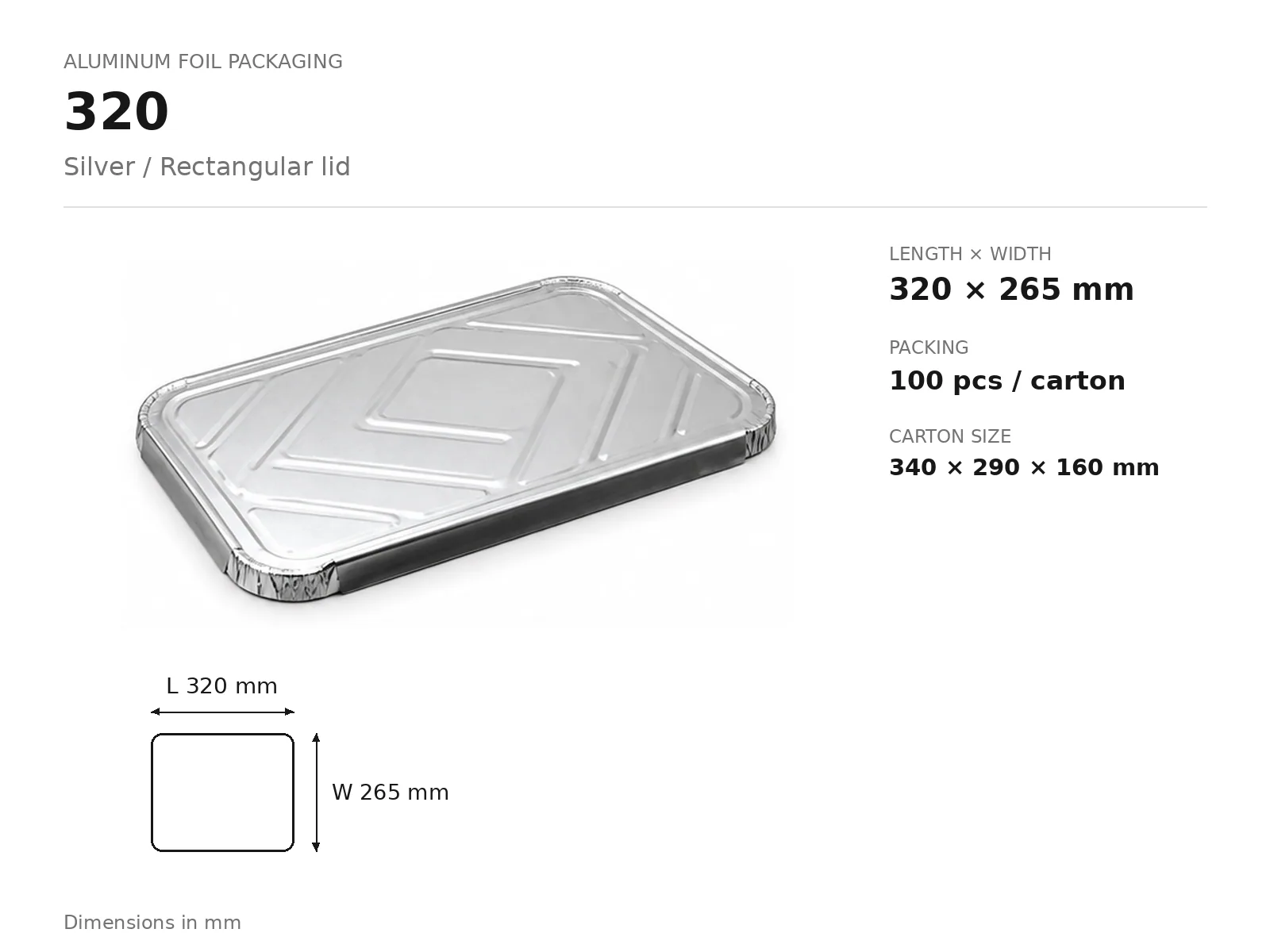 Silver Aluminum Foil Rectangular Lid 320 dimensions and packing