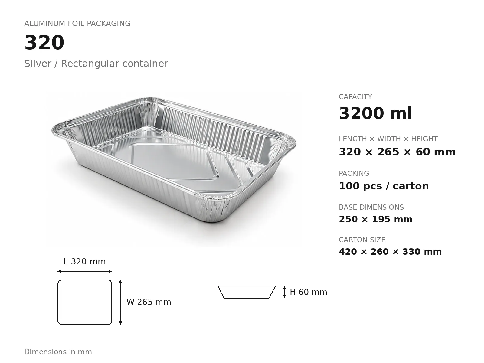 Silver Aluminum Foil Rectangular Container 320 (3200 ml) dimensions and packing
