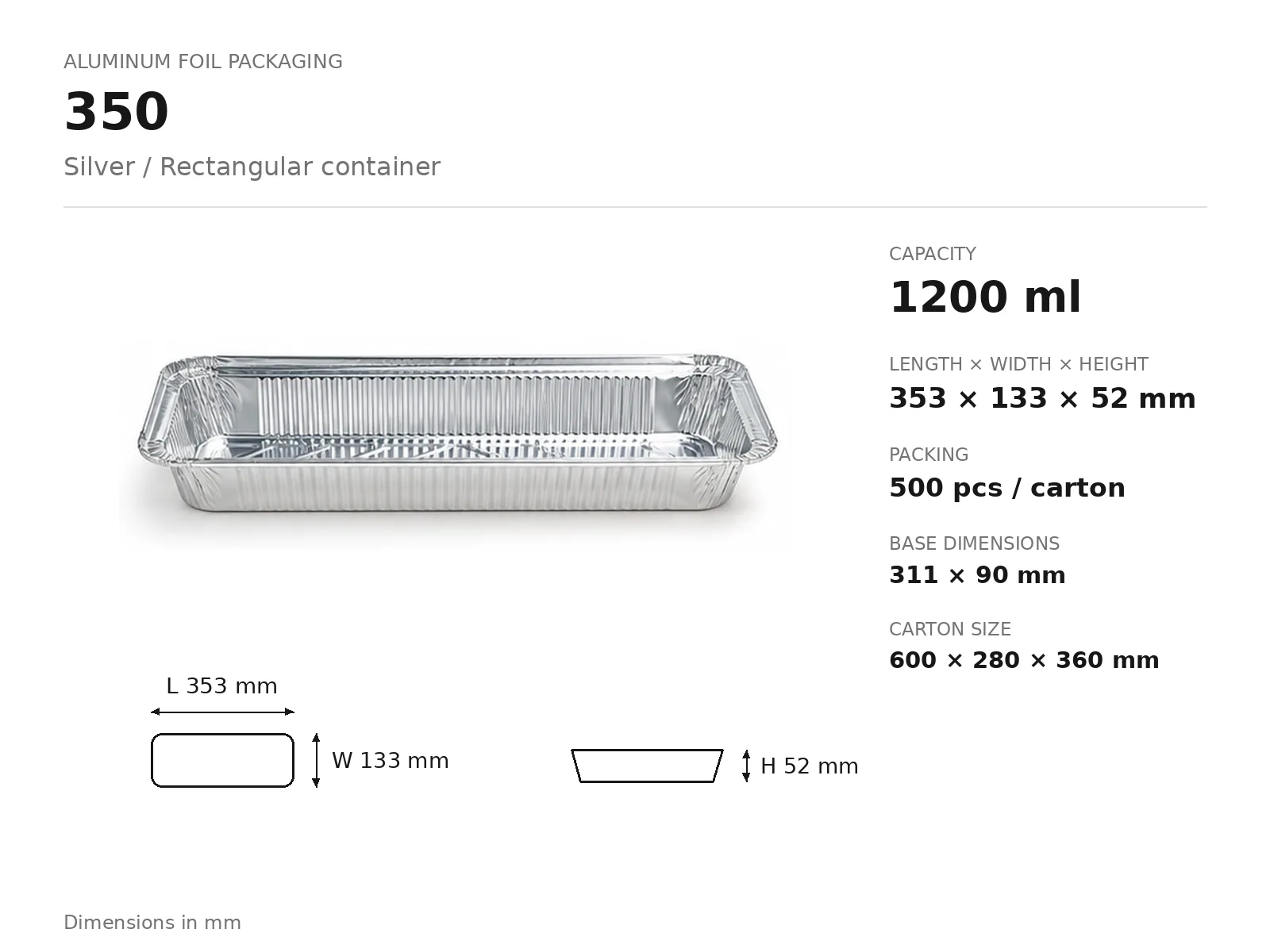Silver Aluminum Foil Rectangular Container 350 (1200 ml) dimensions and packing
