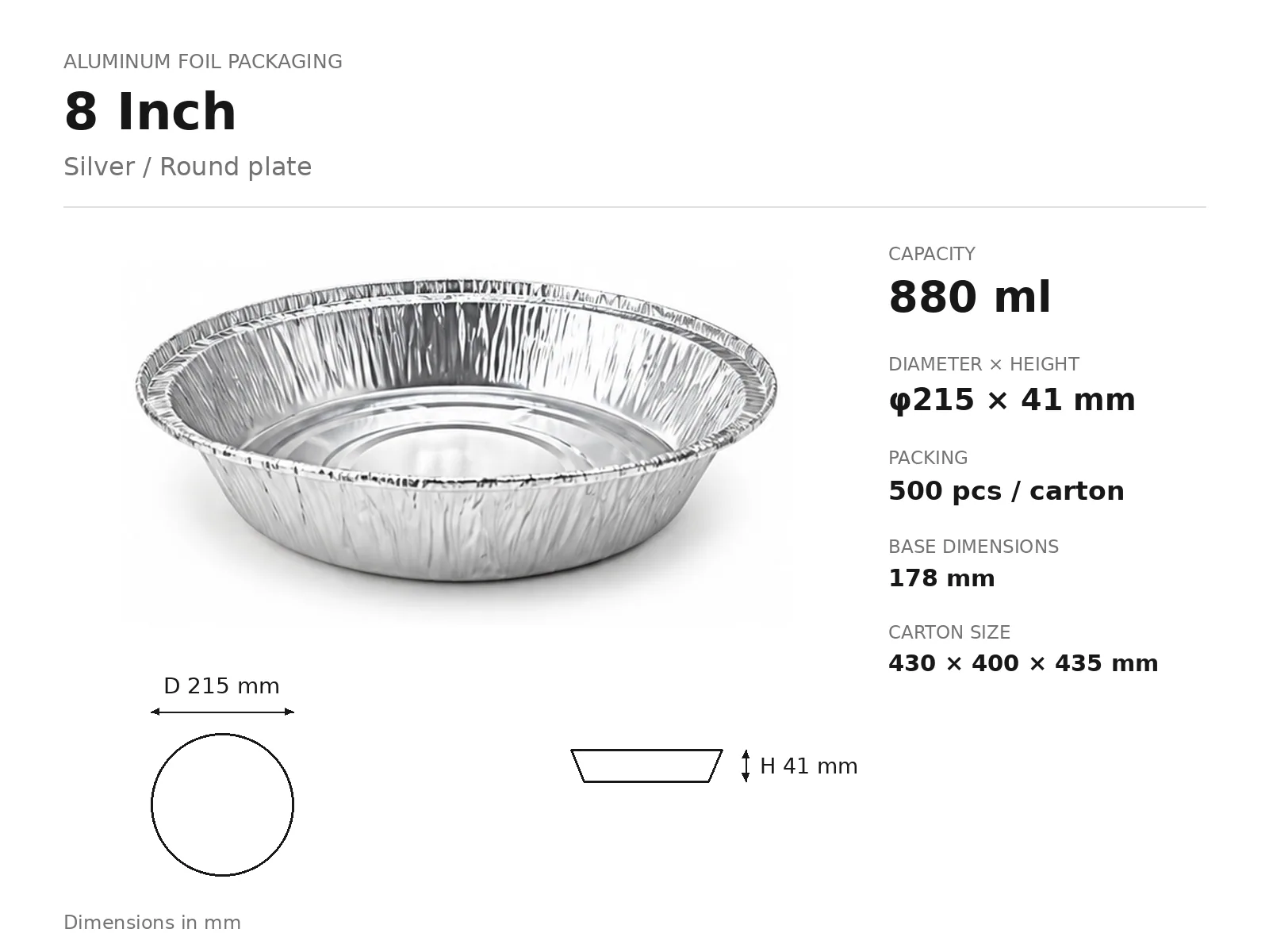 Silver Aluminum Foil Round Plate 8 Inch (880 ml) dimensions and packing
