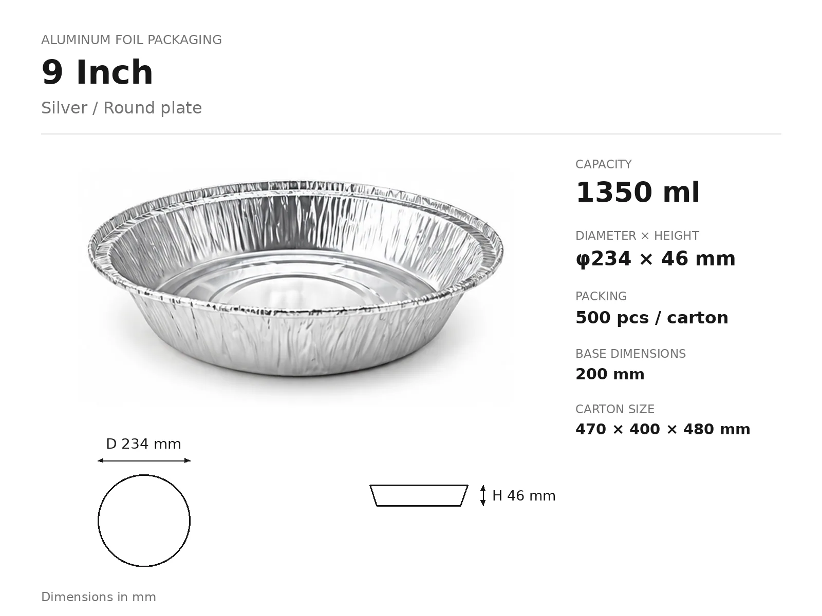 Silver Aluminum Foil Round Plate 9 Inch (1350 ml) dimensions and packing