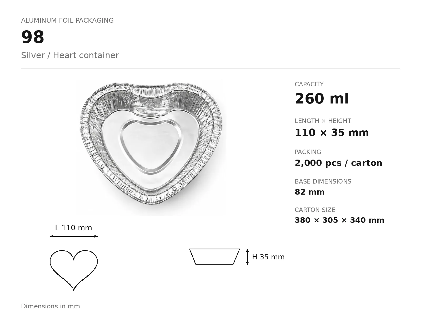 Silver Aluminum Foil Heart Container 98 (260 ml) dimensions and packing