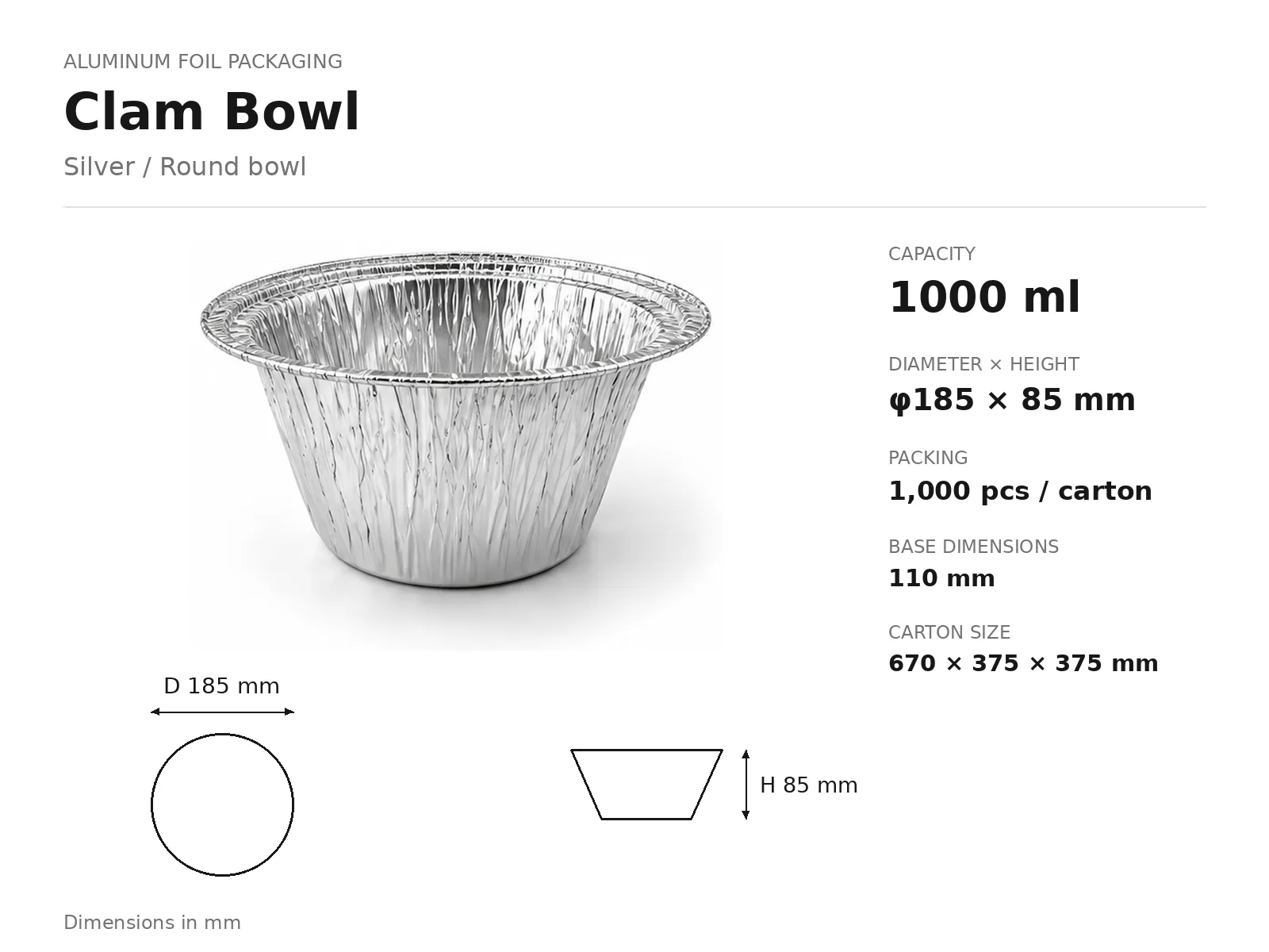 Silver Aluminum Foil Clam Bowl (1000 ml) dimensions and packing
