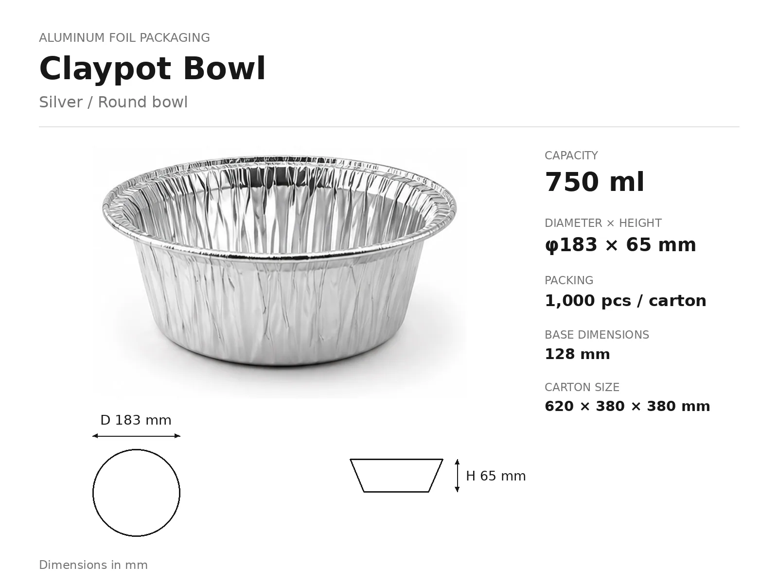 Silver Aluminum Foil Claypot Bowl (750 ml) dimensions and packing
