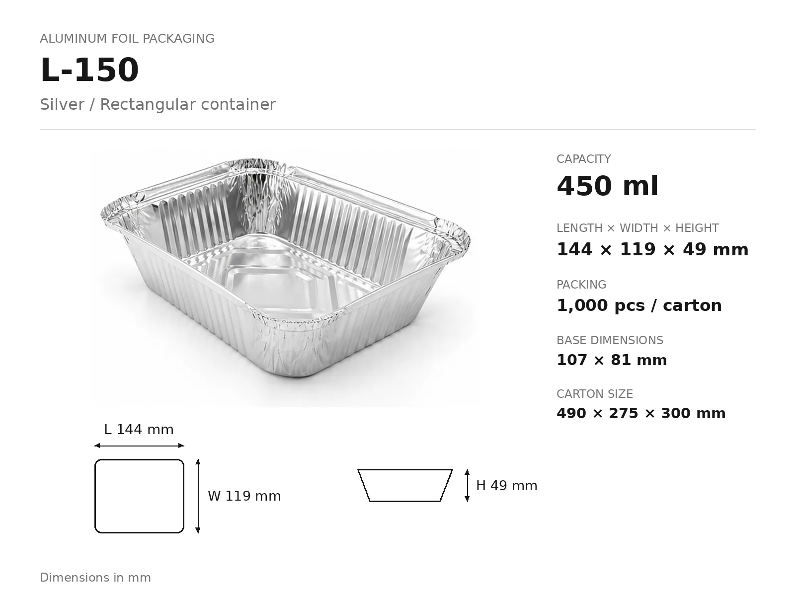 Silver Aluminum Foil Rectangular Container L-150 (450 ml) dimensions and packing