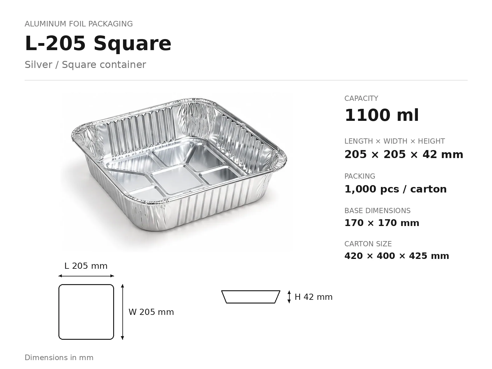 Silver Aluminum Foil Square Container L-205 Square (1100 ml) dimensions and packing