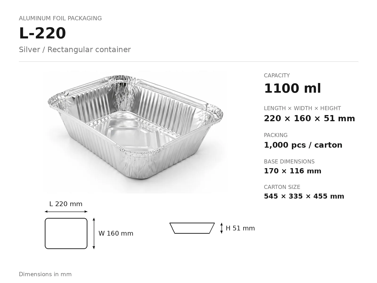Silver Aluminum Foil Rectangular Container L-220 (1100 ml) dimensions and packing