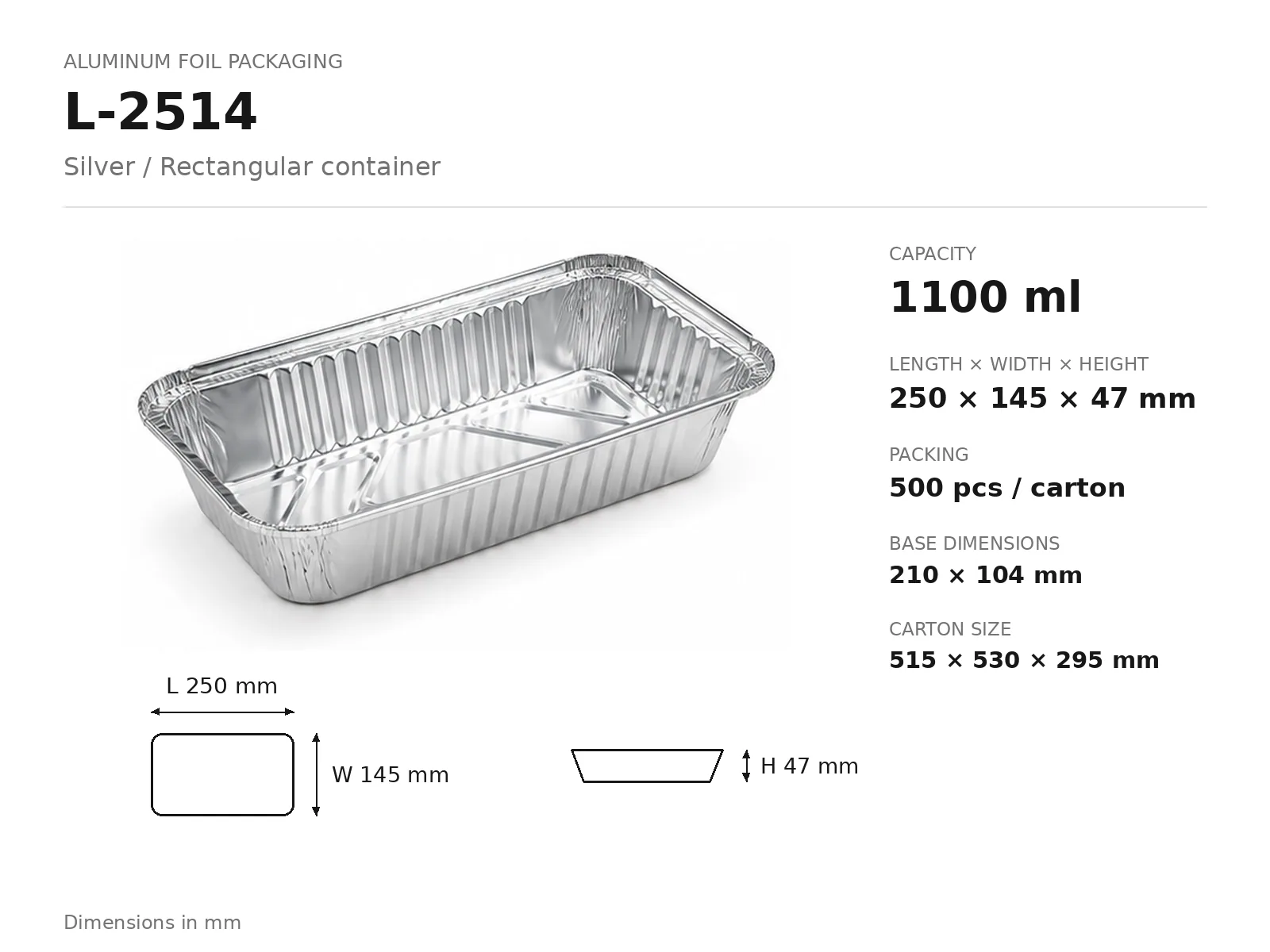 Silver Aluminum Foil Rectangular Container L-2514 (1100 ml) dimensions and packing