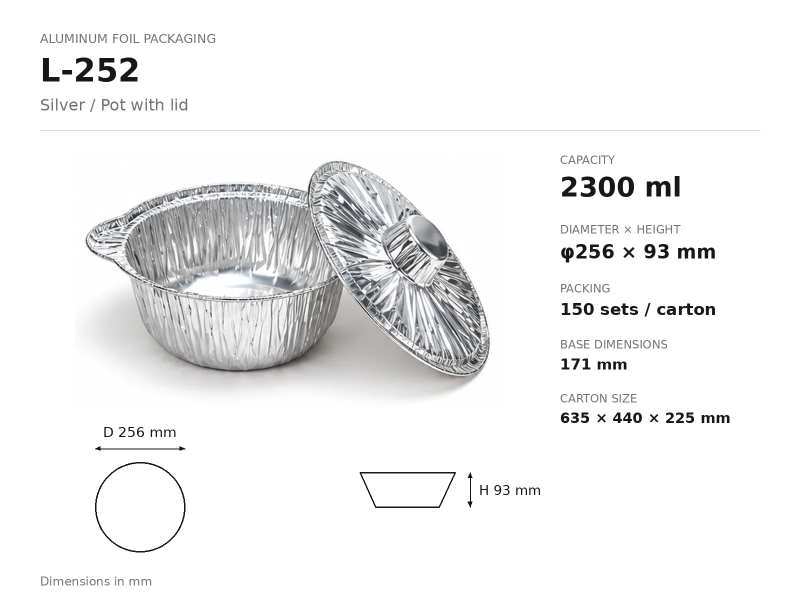 Silver Aluminum Foil Pot with Lid L-252 (2300 ml) dimensions and packing
