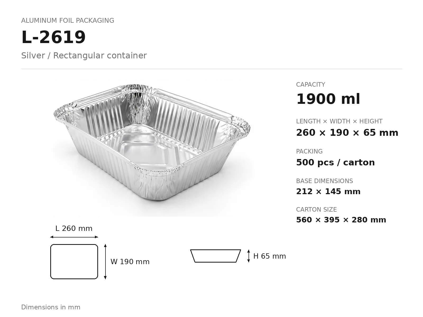 Silver Aluminum Foil Rectangular Container L-2619 (1900 ml) dimensions and packing