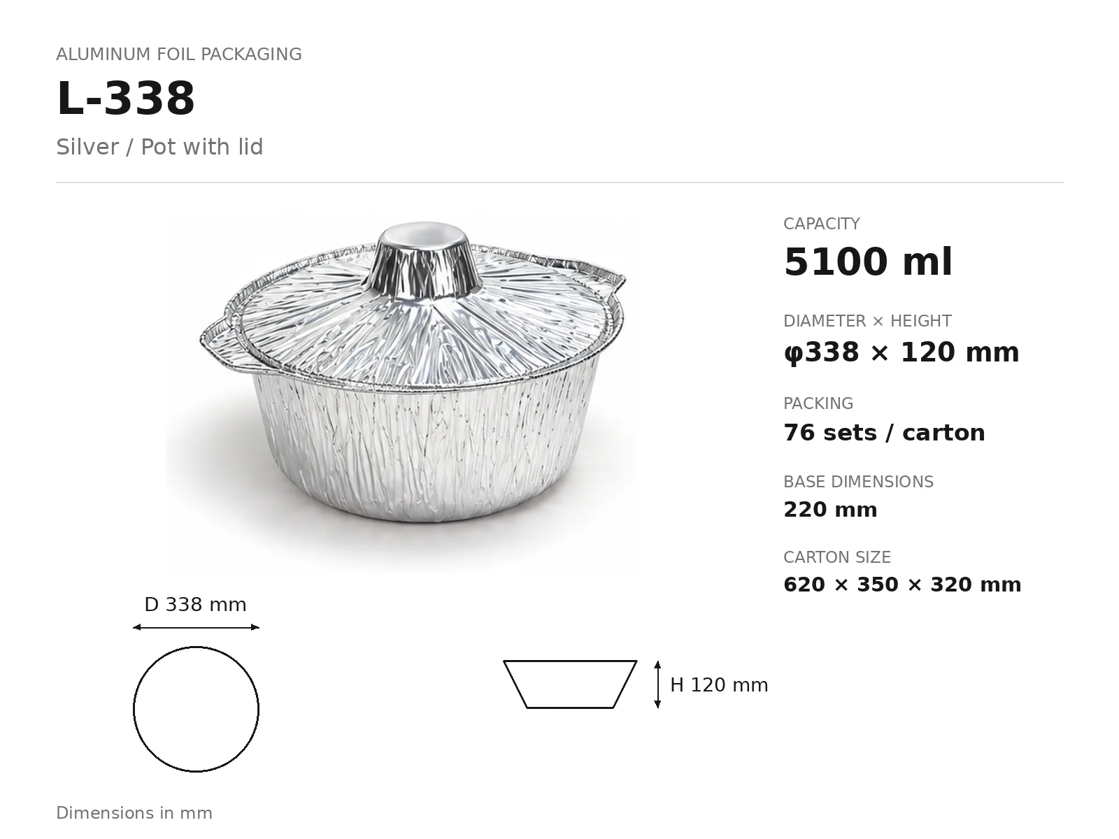 Silver Aluminum Foil Pot with Lid L-338 (5100 ml) dimensions and packing