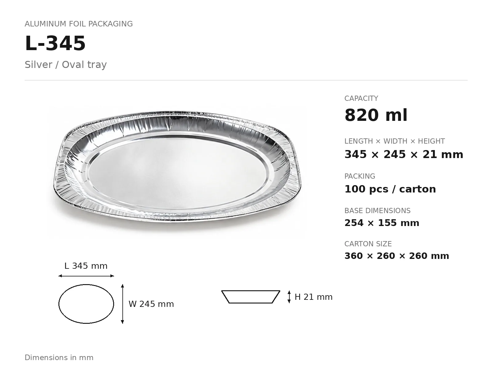 Silver Aluminum Foil Oval Tray L-345 (820 ml) dimensions and packing