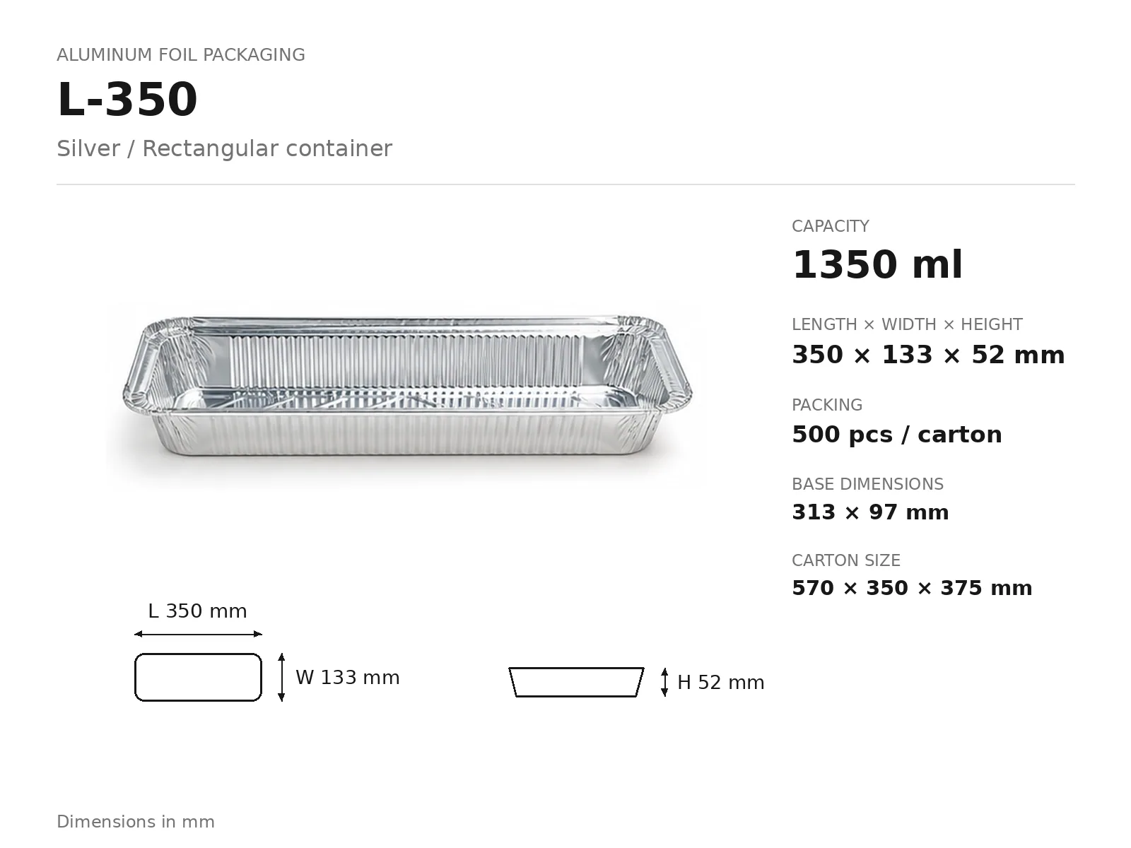 Silver Aluminum Foil Rectangular Container L-350 (1350 ml) dimensions and packing