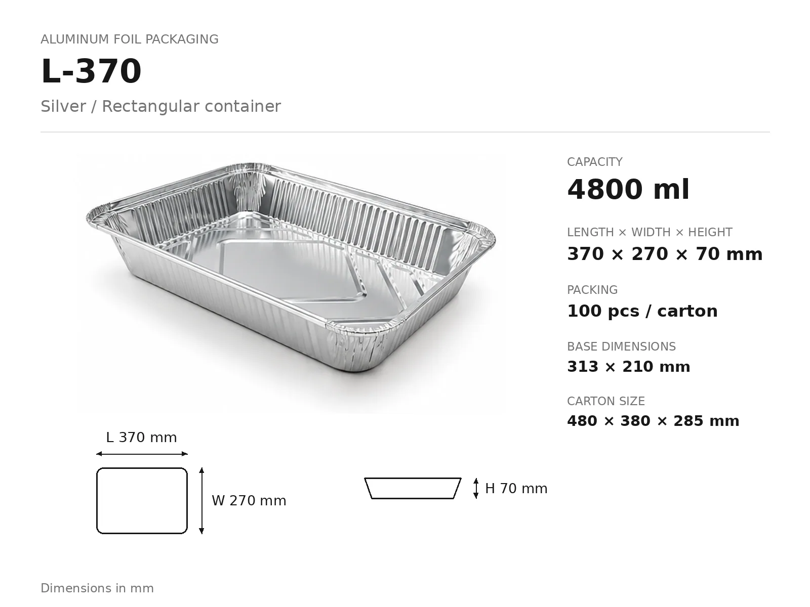 Silver Aluminum Foil Rectangular Container L-370 (4800 ml) dimensions and packing