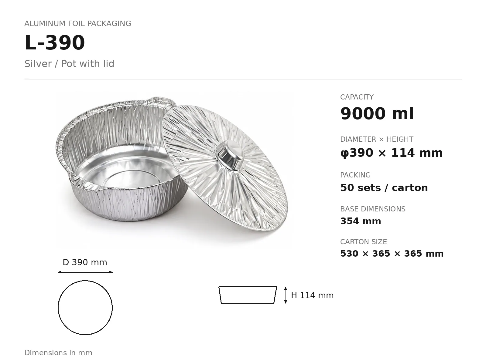Silver Aluminum Foil Pot with Lid L-390 (9000 ml) dimensions and packing