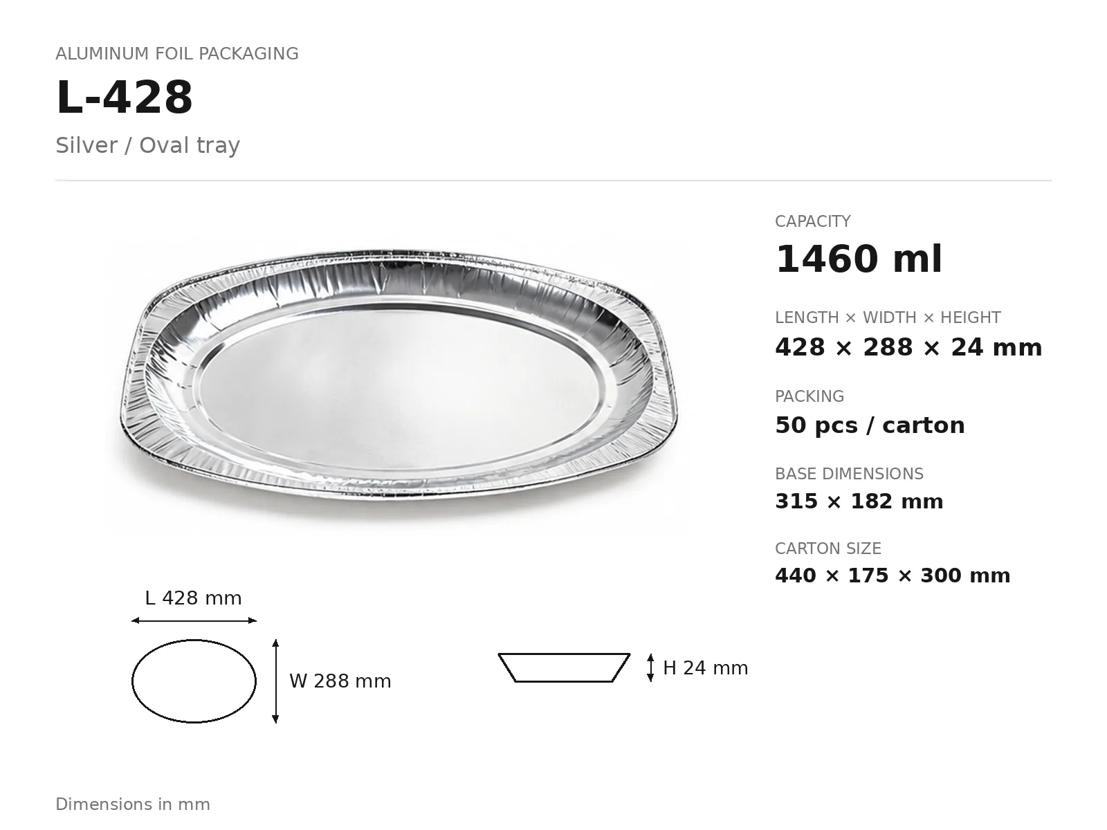 Silver Aluminum Foil Oval Tray L-428 (1460 ml) dimensions and packing