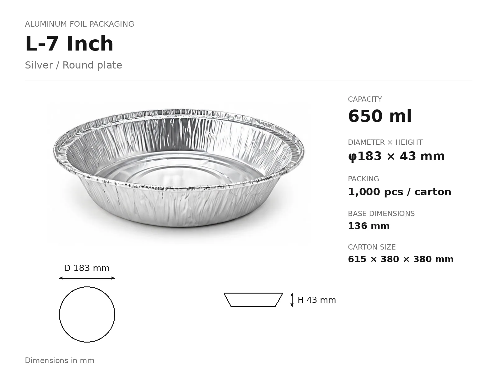 Silver Aluminum Foil Round Plate L-7 Inch (650 ml) dimensions and packing
