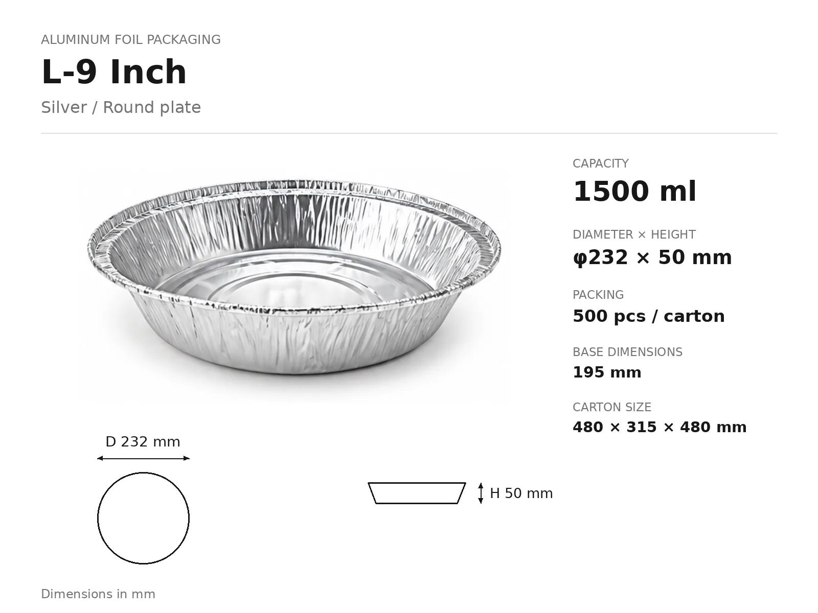 Silver Aluminum Foil Round Plate L-9 Inch (1500 ml) dimensions and packing