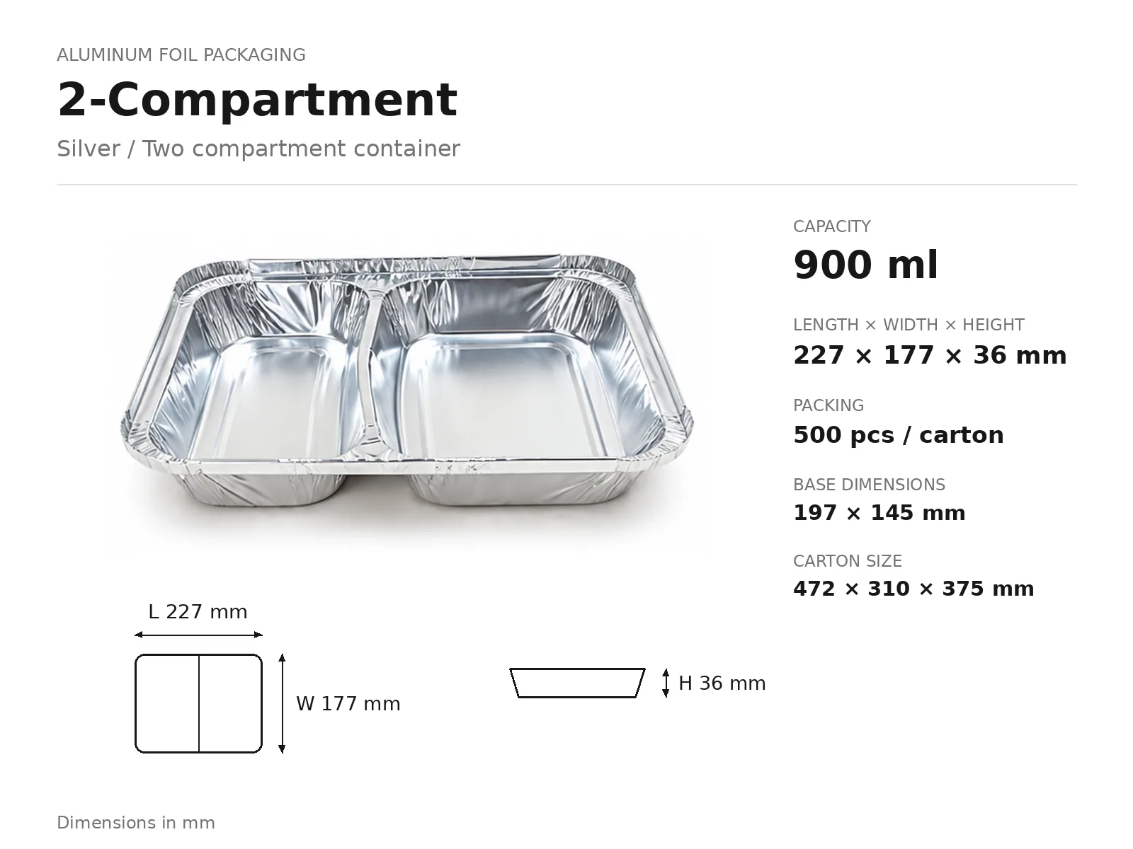 Silver Aluminum Foil Two Compartment Container (900 ml) dimensions and packing