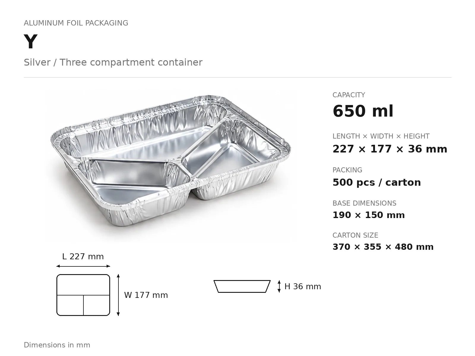Silver Aluminum Foil Three Compartment Container Y (650 ml) dimensions and packing