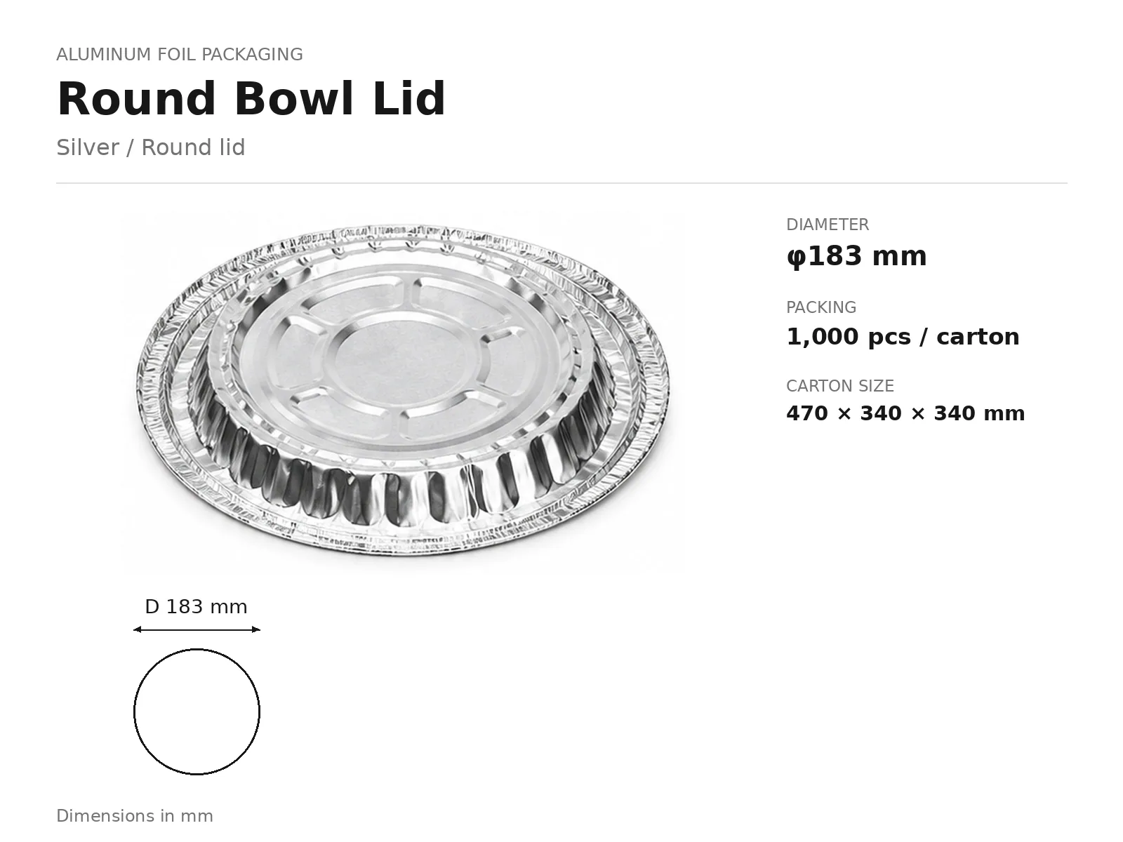 Silver Aluminum Foil Round Bowl Lid (183 mm) dimensions and packing