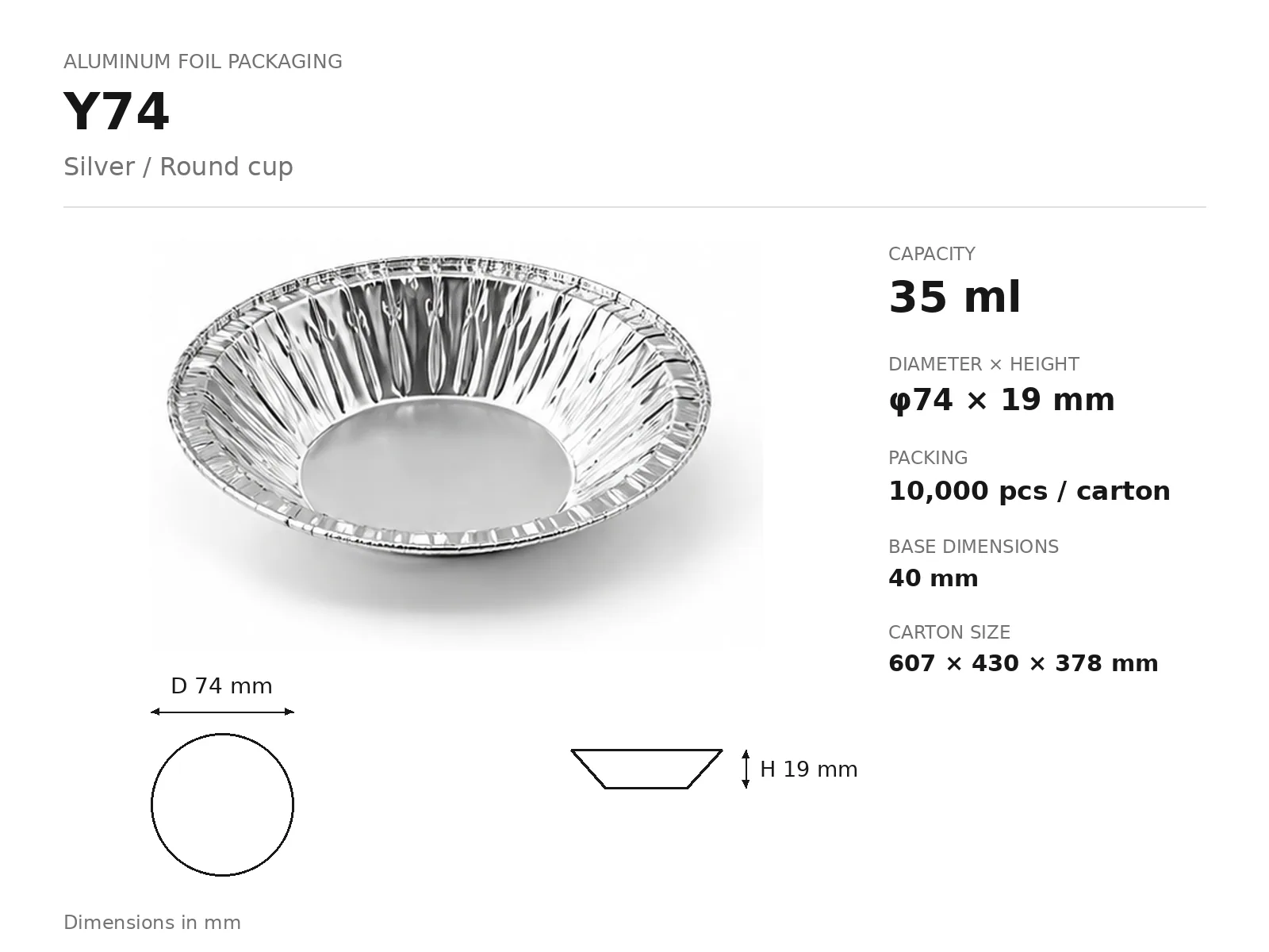 Silver Aluminum Foil Round Cup Y74 (35 ml) dimensions and packing