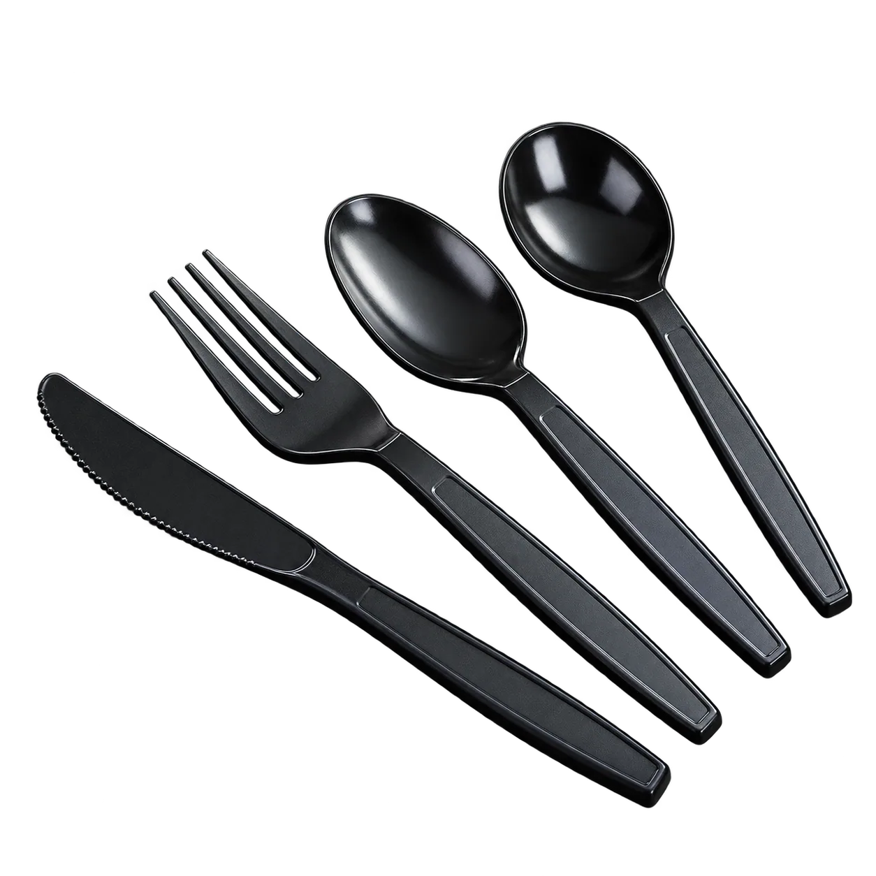 Black disposable knives, forks and spoons
