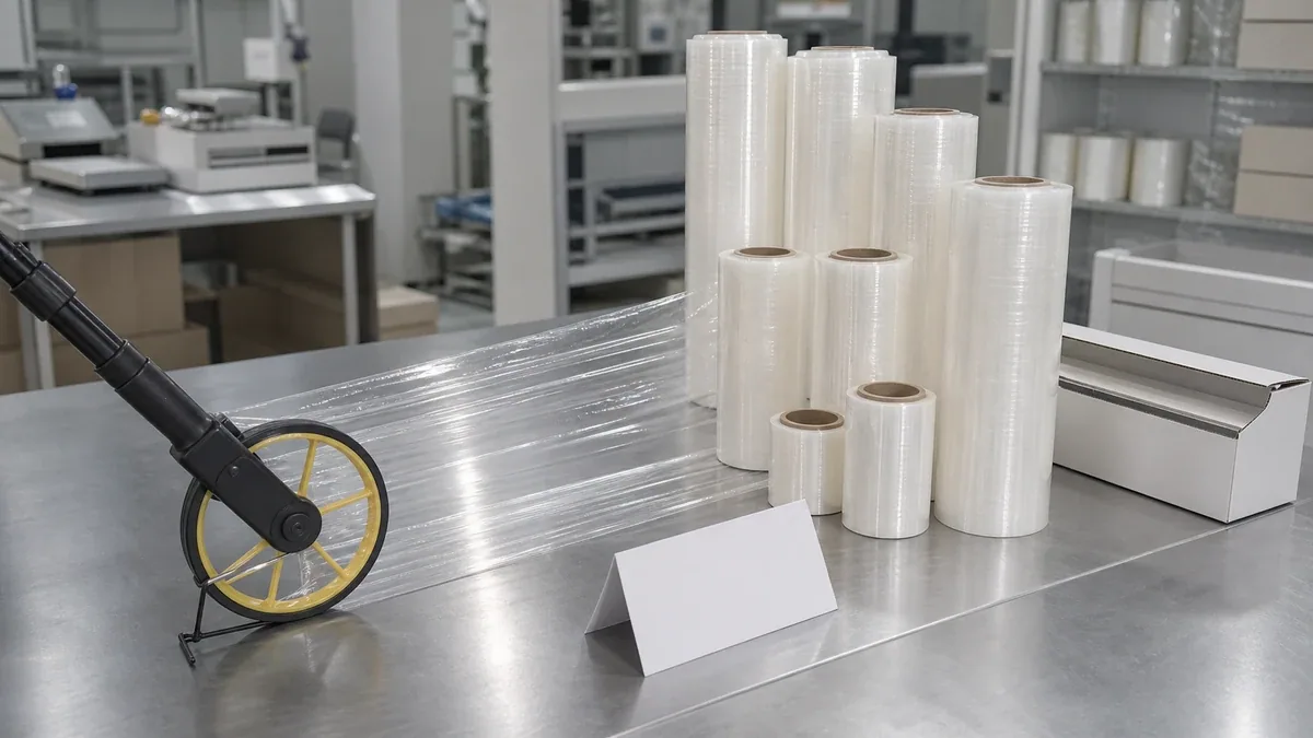 controlled cling film unwind length test with measuring wheel roll label and empty core record