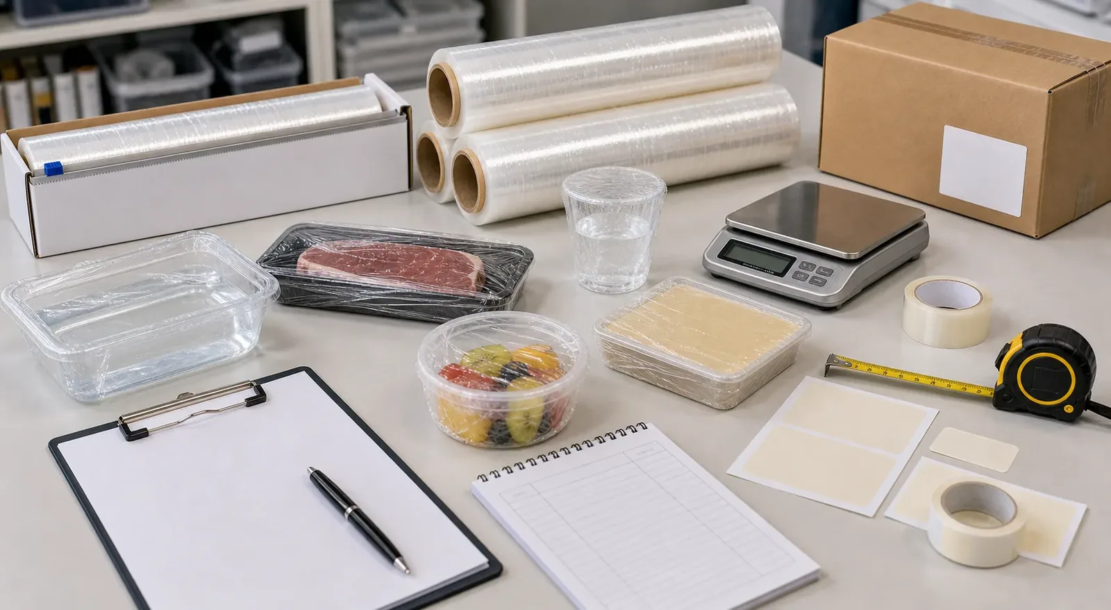 cling film sample testing checklist with cutter box wrapped containers roll label and buyer inspection notes