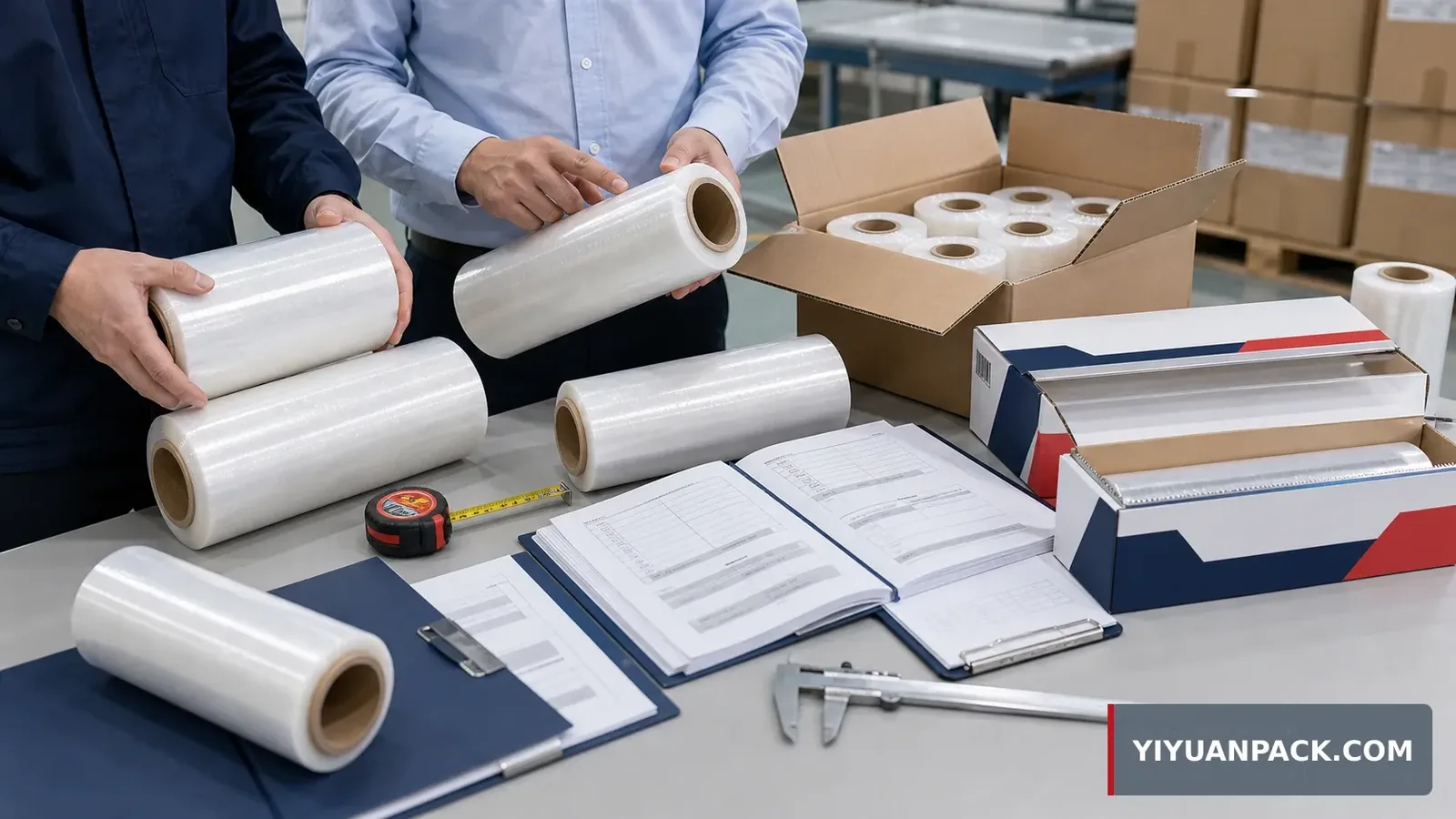 Importer comparing China cling film supplier samples roll size carton packing and specification sheets