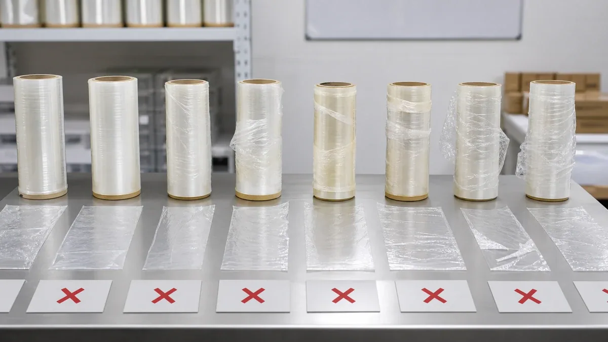 cling film winding tension telescoping and edge damage comparison on QC table