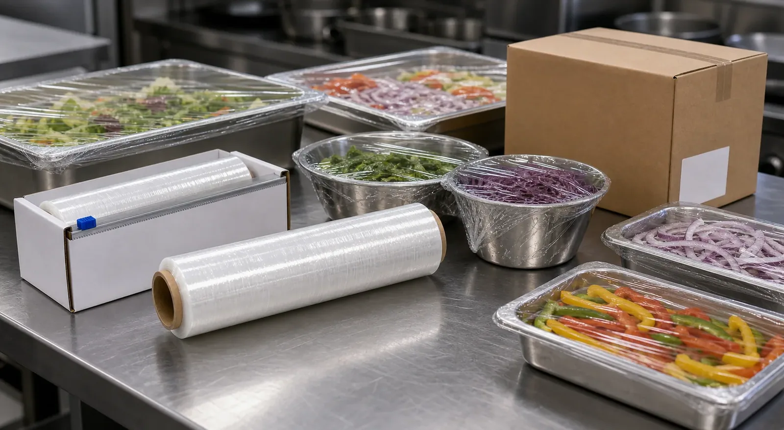 commercial cling film rolls used on restaurant prep table with cutter box wrapped pans bowls and catering trays