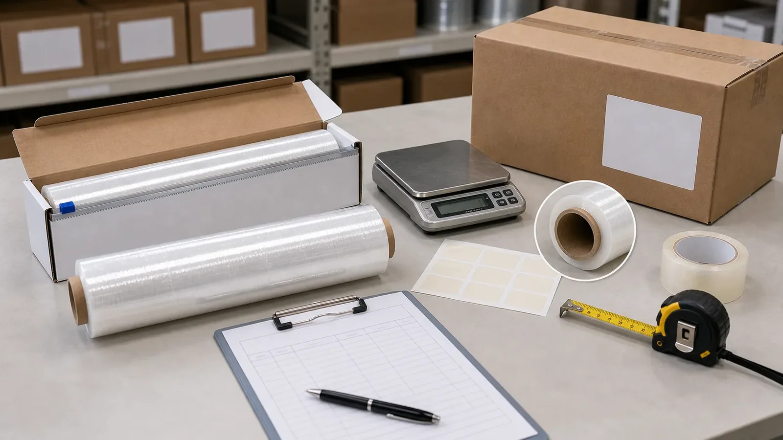 restaurant supply buyer checking commercial cling film cutter box blade refill roll core carton label and SKU sheet