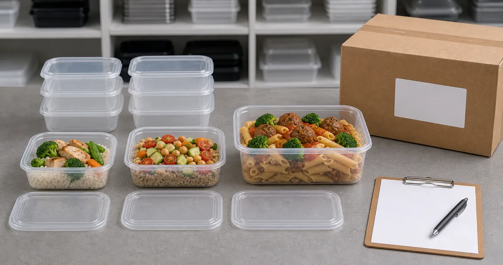 meal prep and takeaway container size testing with filled portions lid height label area stack and carton packing check